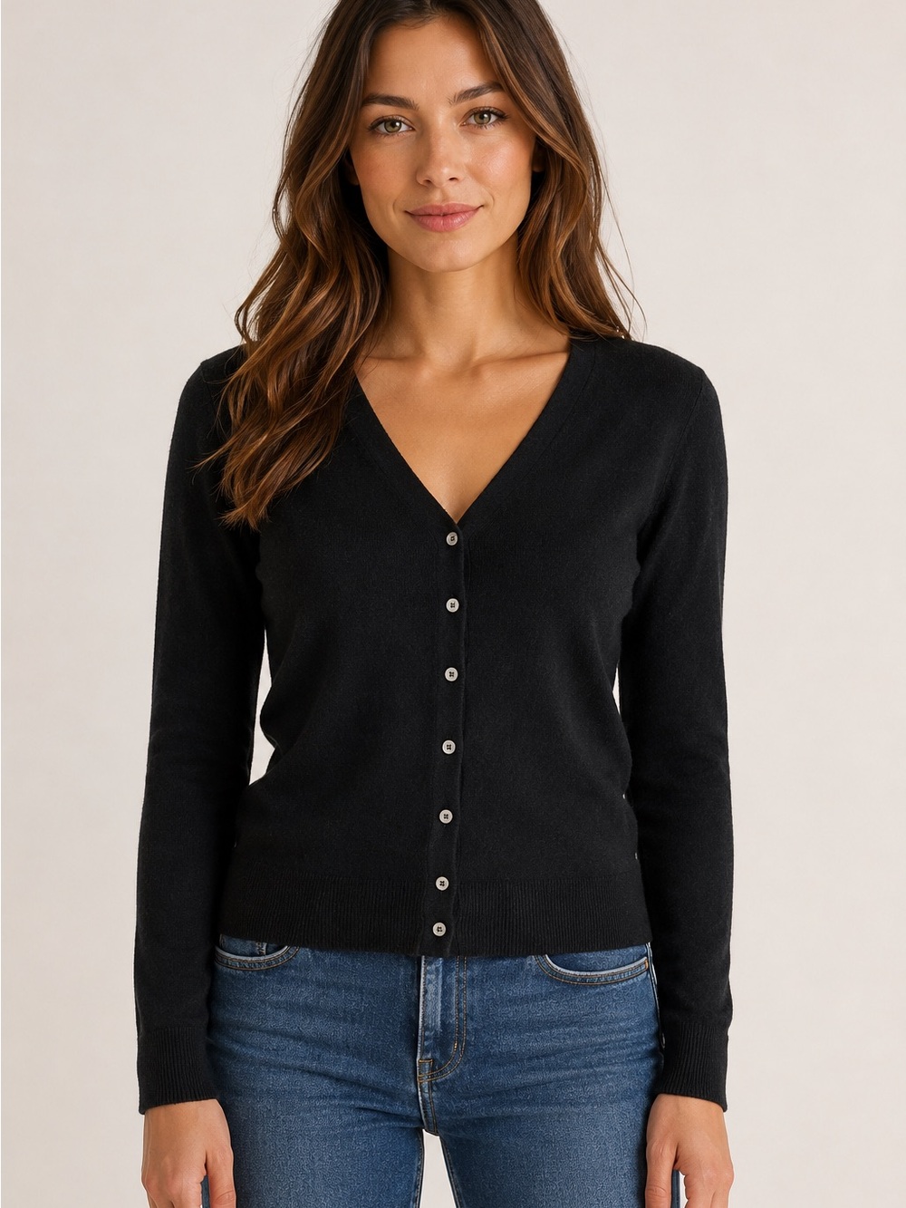 100% Cashmere Lord & Taylor Black V-Neck Button-Front Cardigan